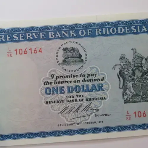 Reserve Bank of Rhodesia one dollar 15 October 1974 choice uncirculated