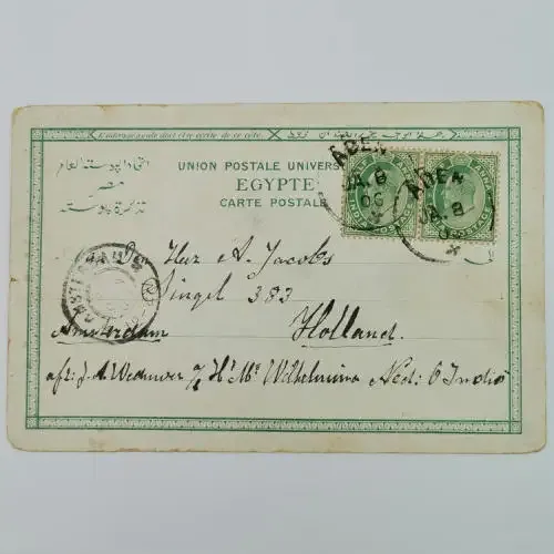 Egyptian postcard from Aden to Amsterdam Holland 8 January 1906 with two India half Anna stamps