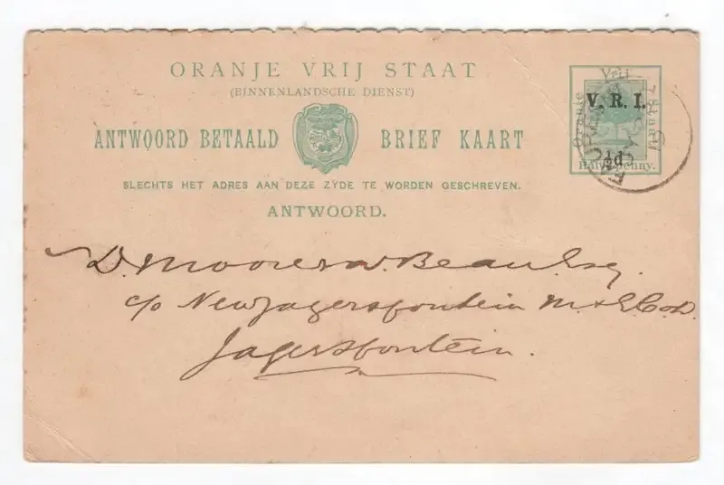 Oranje Vrij Staat ``reply paid`` Brief Kaart sent from Fauresmith South Africa to Jagersfontein