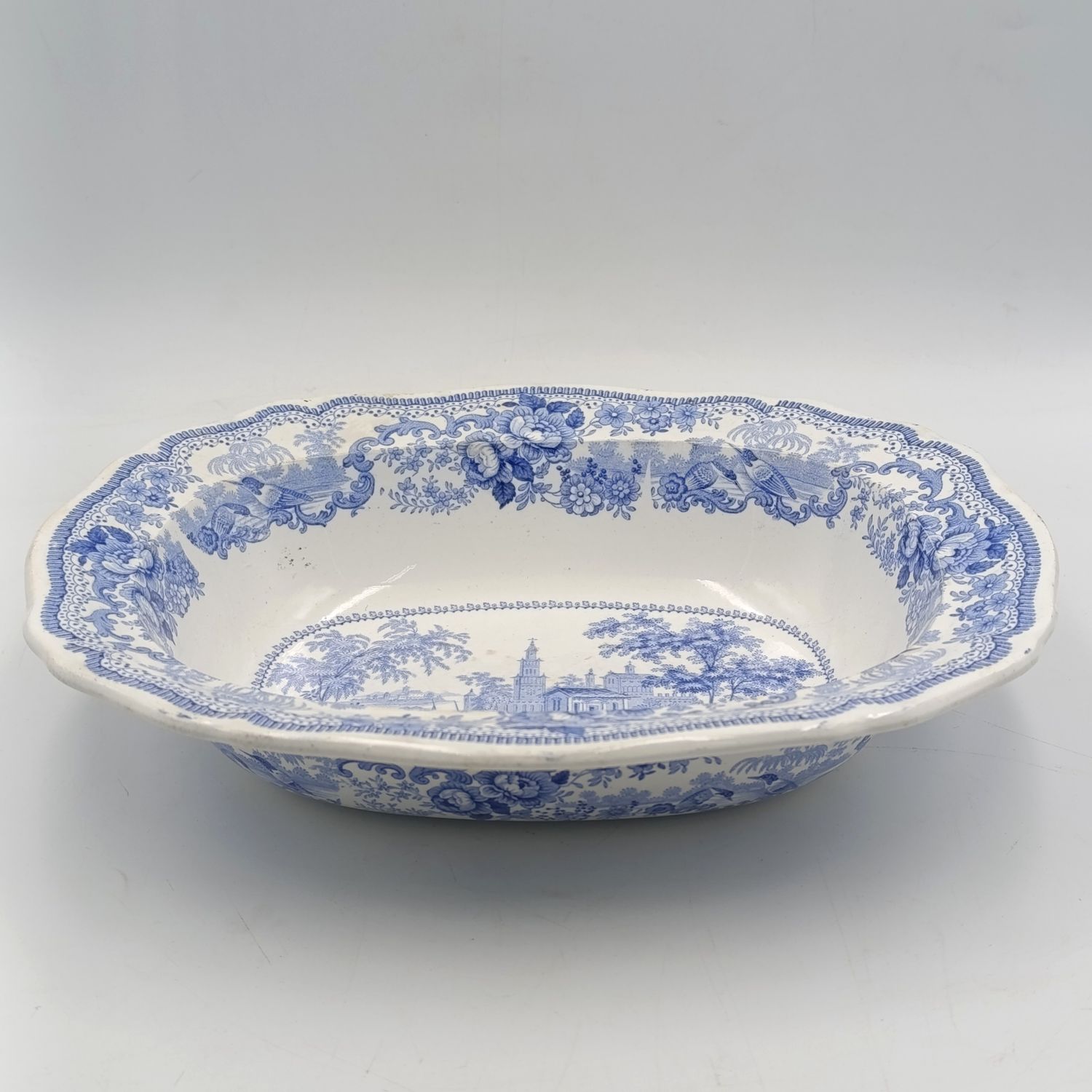 Antique Davenport blue and white porcelain serving oval bowl