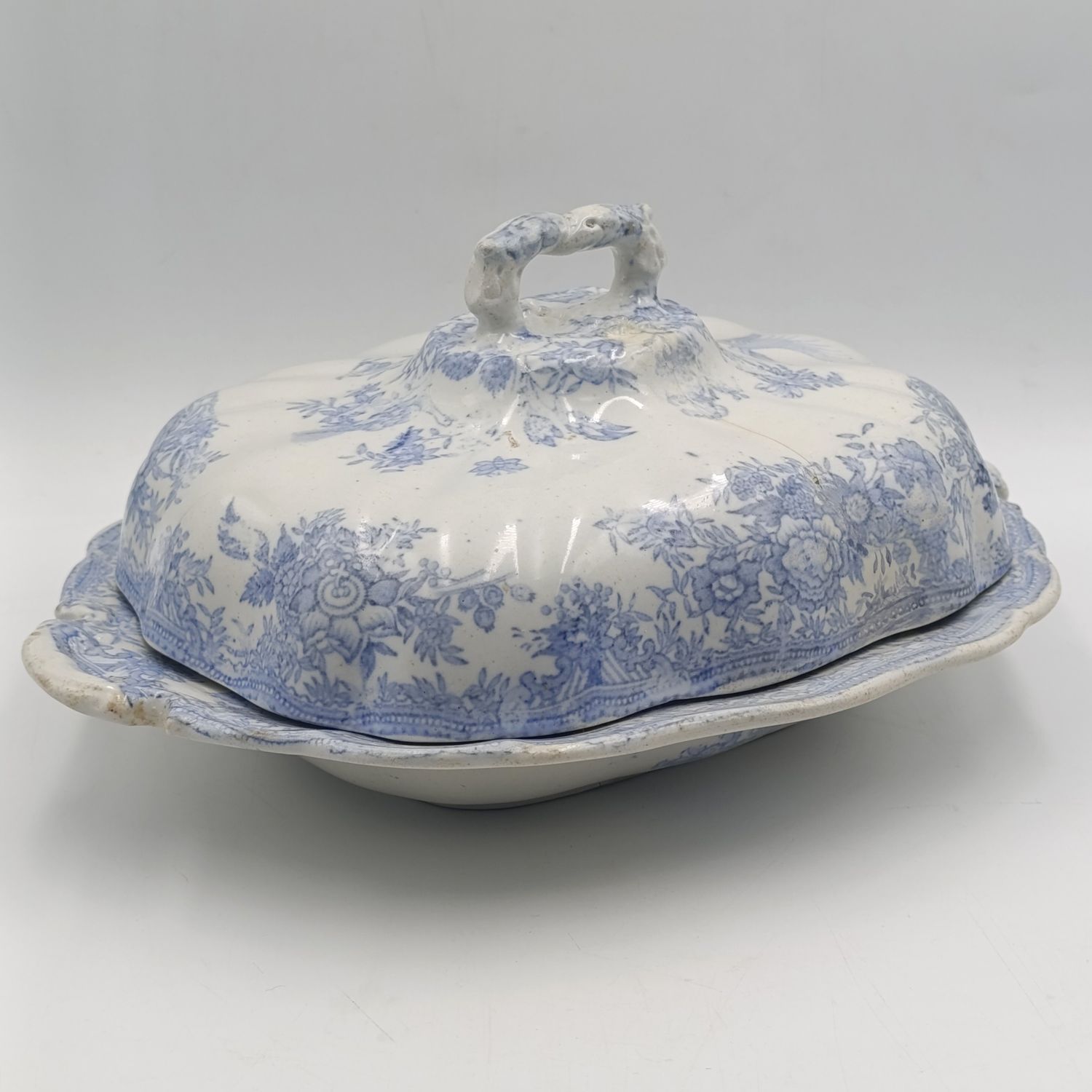 Antique blue and white porcelain serving dish with lid - crack on lid