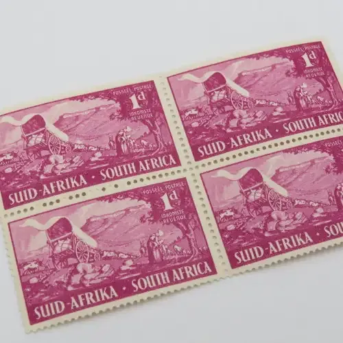 SACC 130 block of 4 x 1d stamps - Top left stamp with large white mark on back of last ox