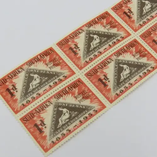 SACC 143 Centenary of the Cape Triangular - Block of 6 x 1d stamps - Top right stamp with large dot