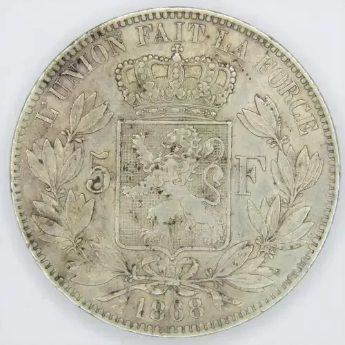 1868 Belgium 5 Francs - position A.KM#24