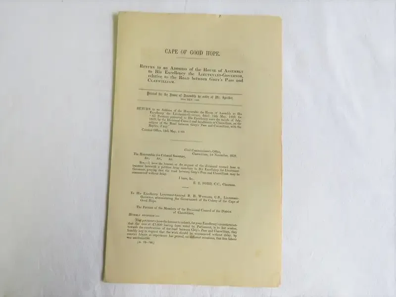 1860 Cape of Good Hope return on matters relative to the road between Greys Pass and Clanwilliam
