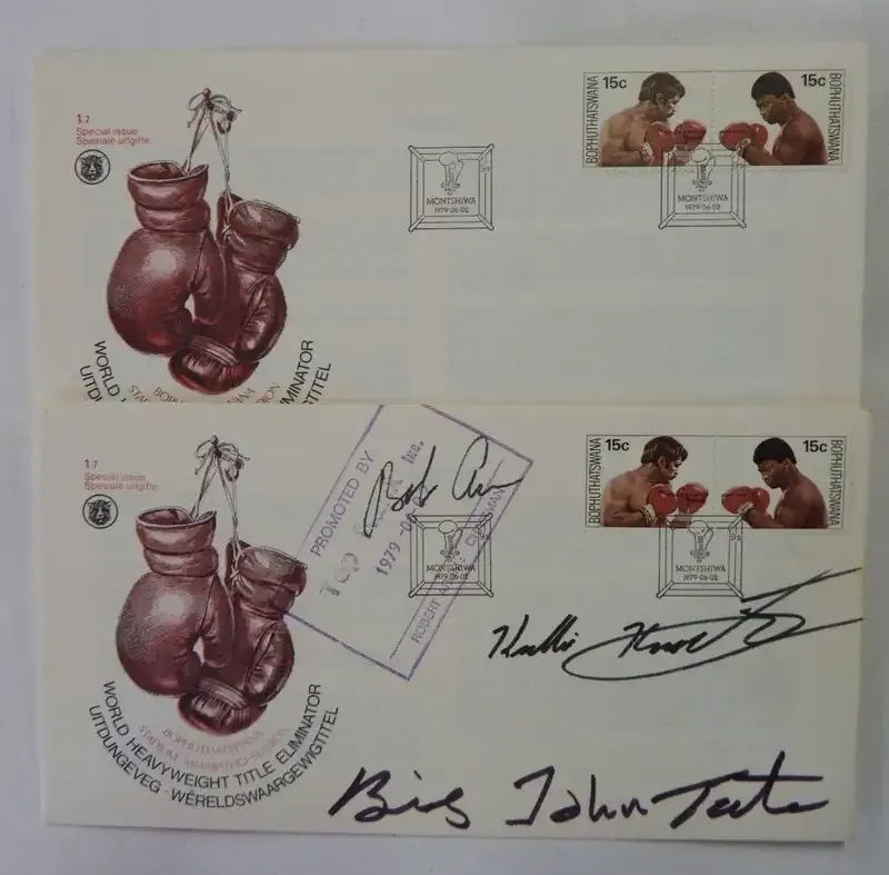 World heavy weight boxing FDC`s - One signed by Kallie Knoetze and Big John Tate