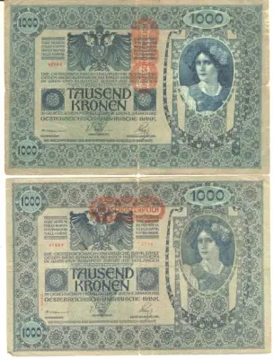 Austria 1902 Blue 1000 Kronen notes - 2 varieties overstamp ` deutschosterreich `