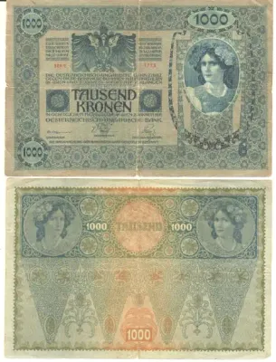 Austria 1902 Blue 1000 Kronen notes - 2 varieties overstamp ` deutschosterreich `