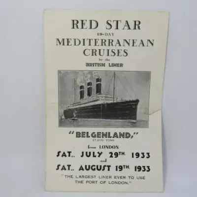 Pamphlet for Red Star cruise on the Belgenland 1933 (tear in pamphlet)