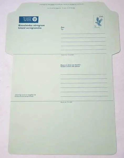 South West Africa Inland Aerogramme with 5 cent pre printed stamp - Unused