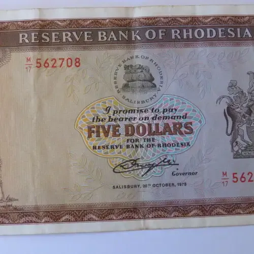 Reserve Bank of Rhodesia Five Dollars 20 October 1978 EF - With Centre fold