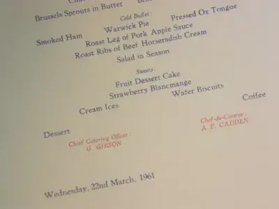 22 March 1961 farewell dinner menu Union Castle RMMV Athlone Castle 3 signatures at back