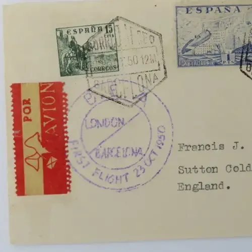 First Flight cover Barcelona to London 23 October 1950 with 3 Spanish stamps and airmail tag