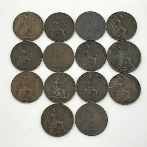Lot of 14 old British Farthings - each one over 100 years old