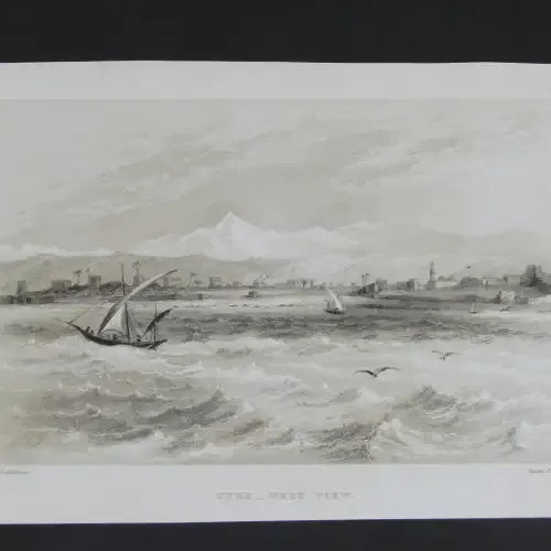 Engraving by JH le Keux from painting by Lt. Col. Allderson - Tyre - West view - early 1800s