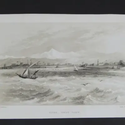 Engraving by JH le Keux from painting by Lt. Col. Allderson - Tyre - West view - early 1800s
