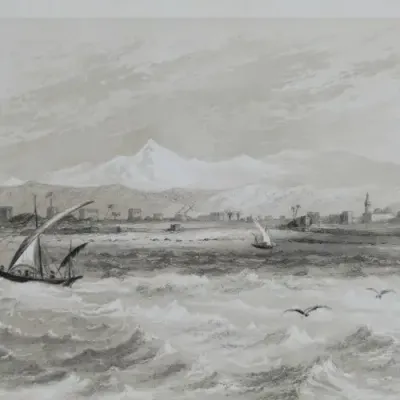 Engraving by JH le Keux from painting by Lt. Col. Allderson - Tyre - West view - early 1800s