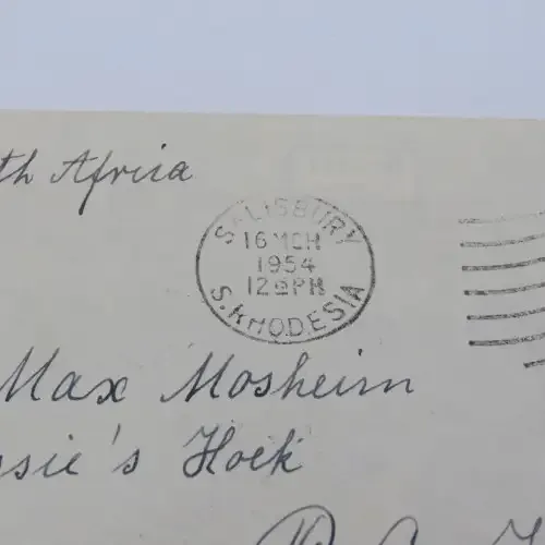 1954 Letter sent from Salisbury, Southern Rhodesia to Hobhouse, Orange Free State