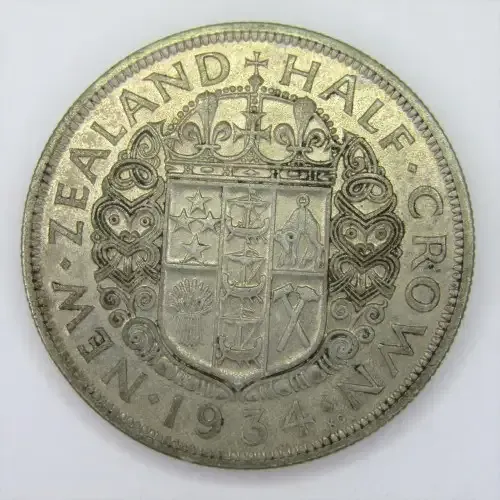 1934 New Zealand Silver Half Crown - VF+/XF