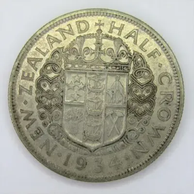 1934 New Zealand Silver Half Crown - VF+/XF