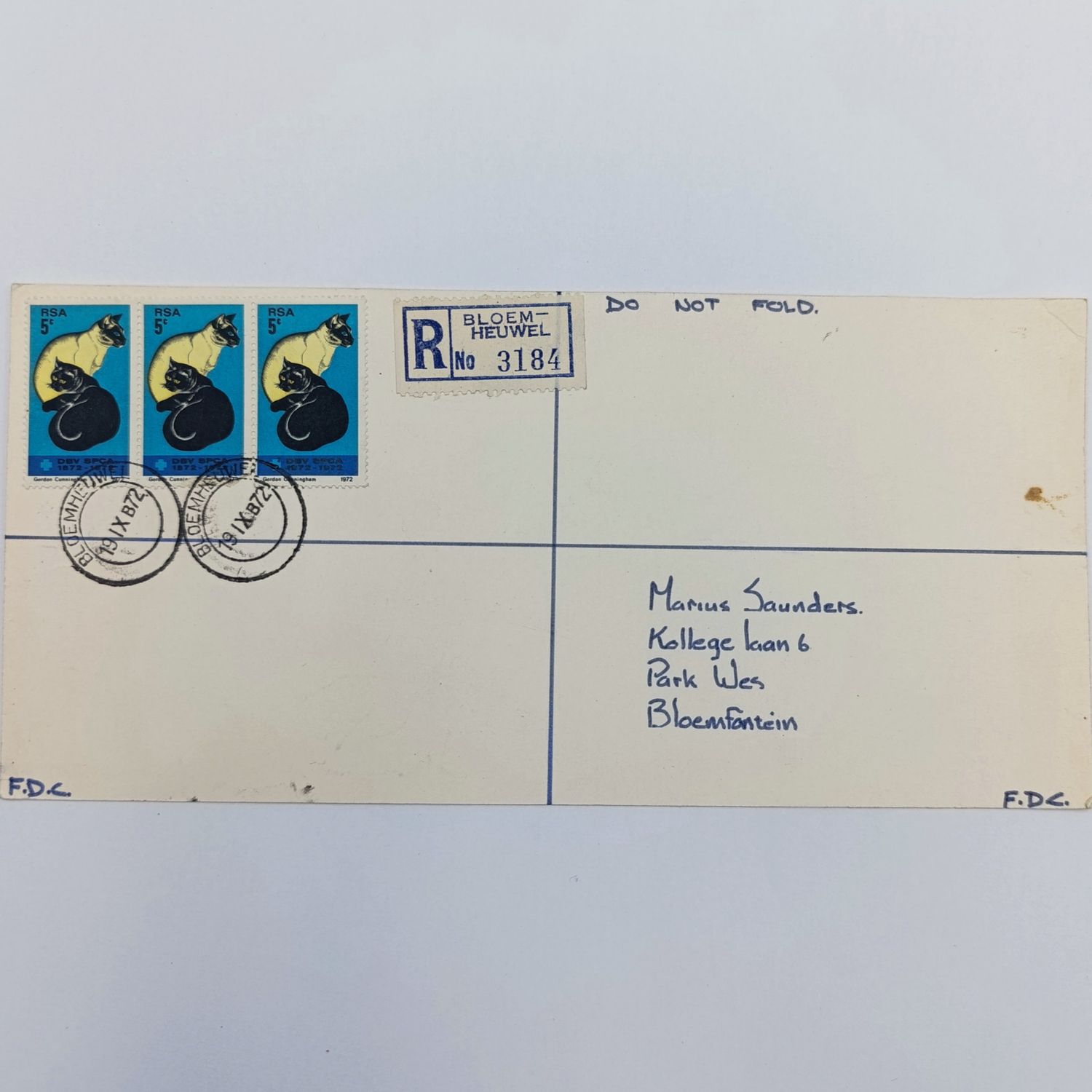 First day cover card with three 5c SPCA Stamps