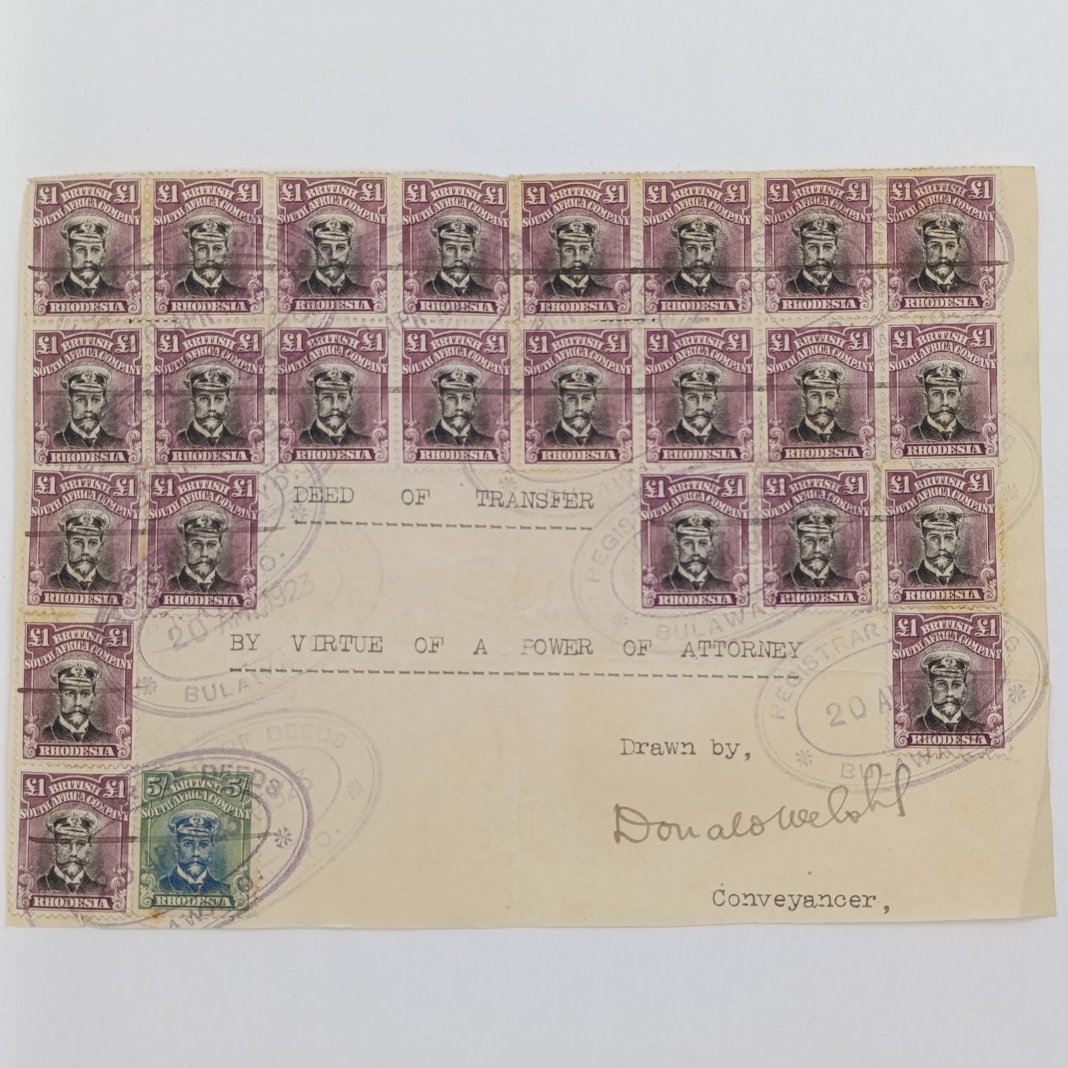 Lot of 24 1 pound BSA Company stamps plus one 5 shilling fiscally used