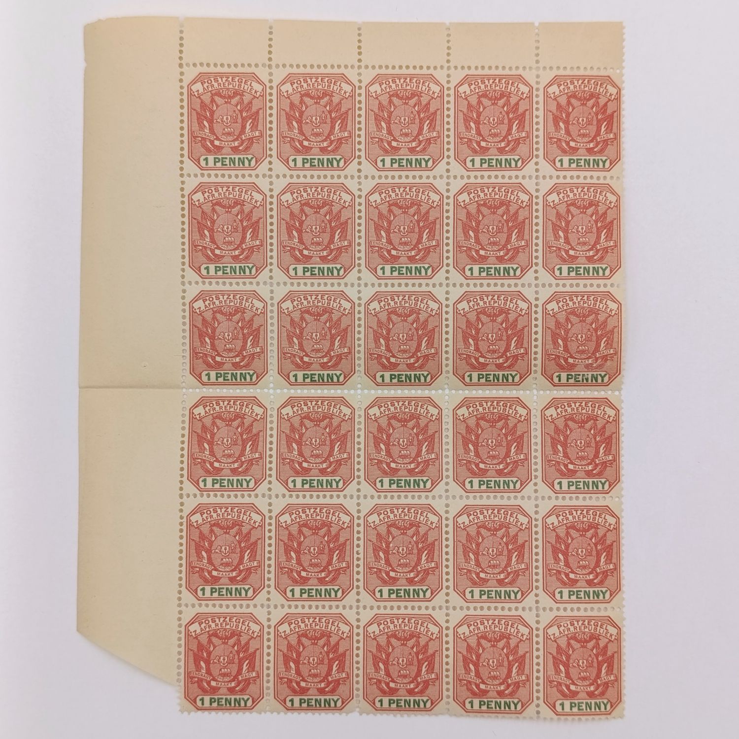 ZAR 1 penny 1896 SACC 224 Block of 30 mint stamps