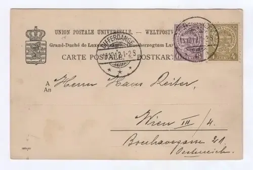 Postcard Luxembourg to Vienna, Austria 1912 with 2x Luxembourg stamps - Letter written 12-12-12