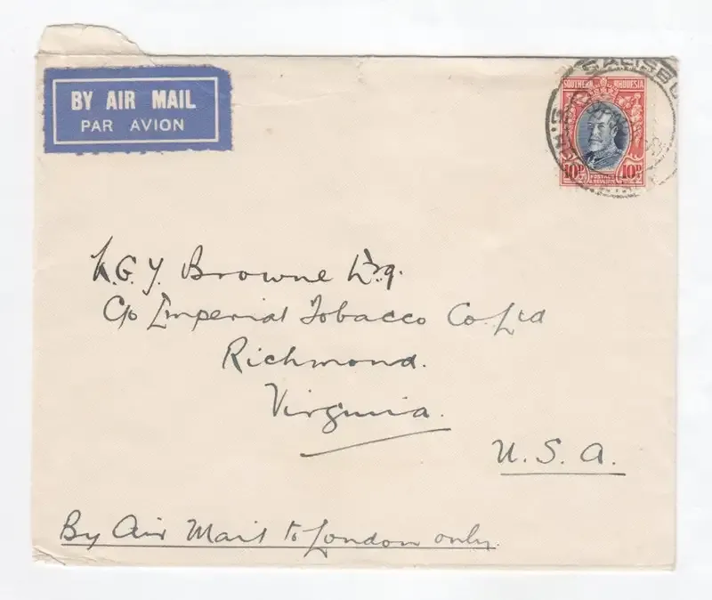 Salisbury, Southern Rhodesia cover sent to Virginia, U.S.A. by Air Mail with Southern Rhodesia stamp