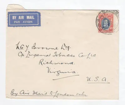 Salisbury, Southern Rhodesia cover sent to Virginia, U.S.A. by Air Mail with Southern Rhodesia stamp