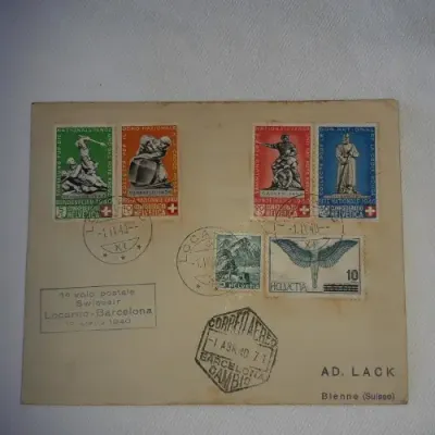 Postal cover from Locarno, Barcelona dated 10 April 1940 with 6 Barcelona stamps