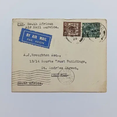 Airmail Cover London to Pretoria South Africa per South African Air Mail Service - 2 British stamps