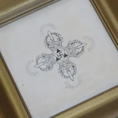 Framed pen drawing of Tibetan Lamaic crossed Dorje - Symbolical Equilibrium - Sizes below