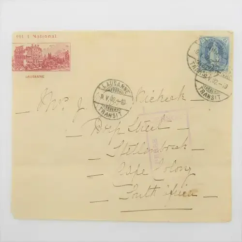 Postal cover from Lausanne Switzerland to Stellenbosch South Africa 2 May 1902