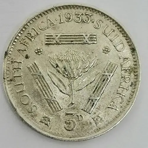 South Africa 1933 tickey 3d EF - high 2nd 3