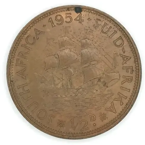 1954 SA Union Half Penny with spot reverse 12 o`clock and fingerprint mark - UNC