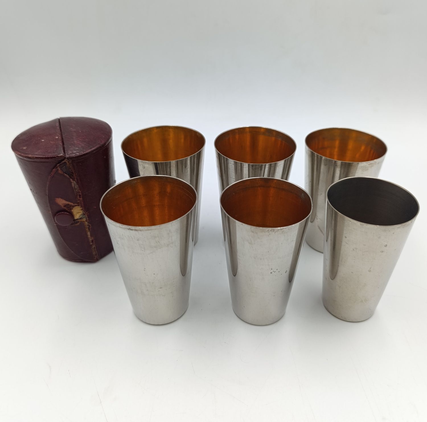 Set of 6 Antique stainless steel cups in original case