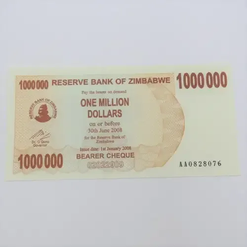 Zimbabwe Bearer cheque 1 Jan 2008 $1000 000 - Uncirculated - ZW 87