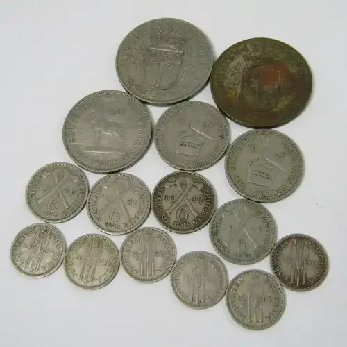 Lot of 15 Southern Rhodesia 3d, 6d, Shilling, 2 Shilling &amp; Half Crown coins - all different
