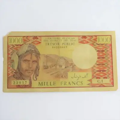 French Afars and Issas 1000 Francs banknote C1 corner tear