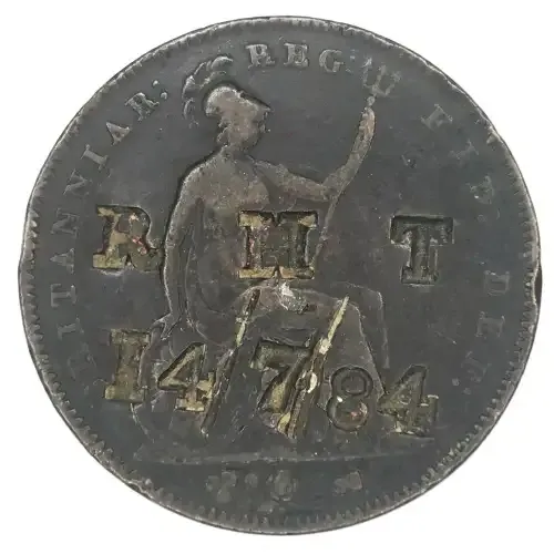 1855 British Penny with overstamp R H T 14784