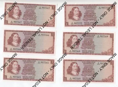 TW de Jongh 1973 second issue lot of 10 x R1 banknotes with consecutive numbers -Some slight creases
