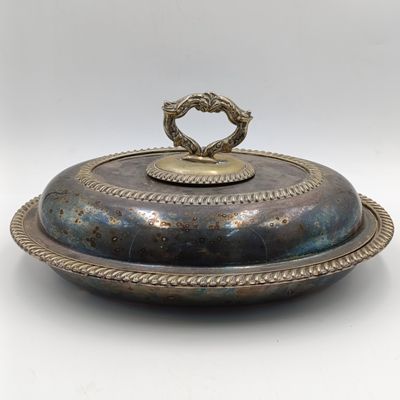 Antique silverplated oval serving dish with removable handle on lid