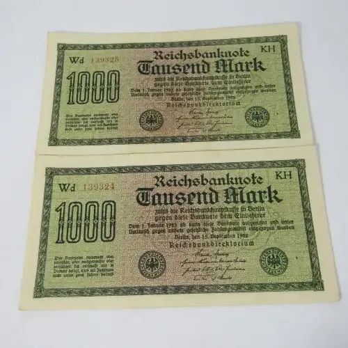 Pair of German Reich bank notes with consecutive numbers &amp; 100 years old