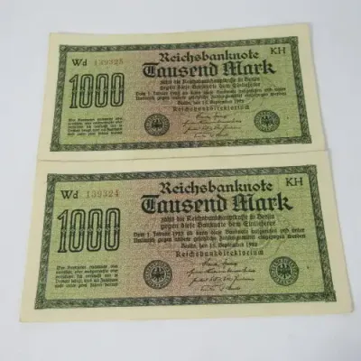 Pair of German Reich bank notes with consecutive numbers &amp; 100 years old