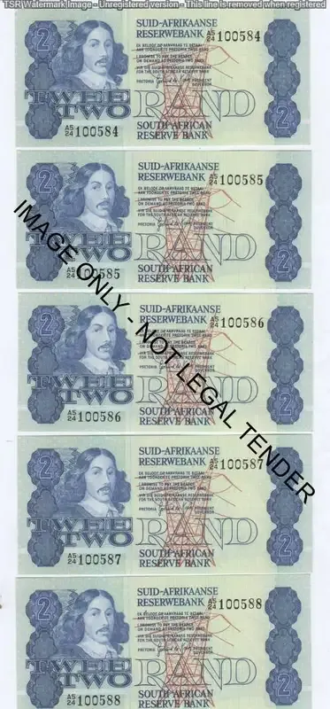Lot of 5 consecutive numbered R2 notes - Second issue as series -Uncirculated Slight paper clip fold