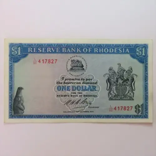 Reserve Bank of Rhodesia One Dollar 15 October 1974 uncirculated - Slight horizontal dent