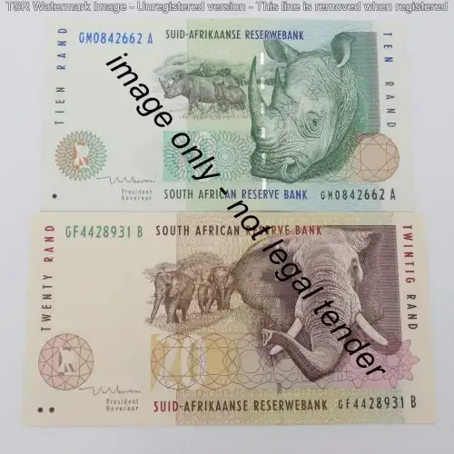 RSA Mboweni 1st issue R10 and R20 banknote - UNC but slightly impaired