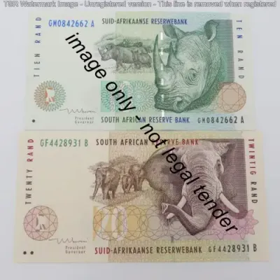 RSA Mboweni 1st issue R10 and R20 banknote - UNC but slightly impaired