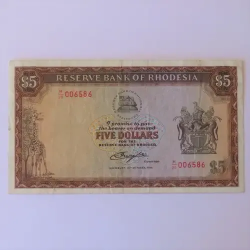 Reserve Bank of Rhodesia Five Dollars 20 October 1978 - VF-